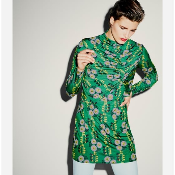 Zara NWT Green Draped Floral Dress - Picture 3 of 10